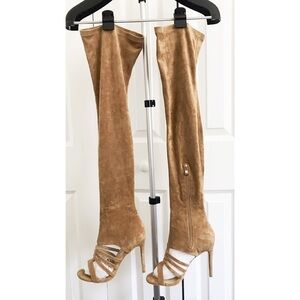 Simmi London Over-the-Knee Open Toe Stiletto Boots – Tan Vegan Suede – Size 7